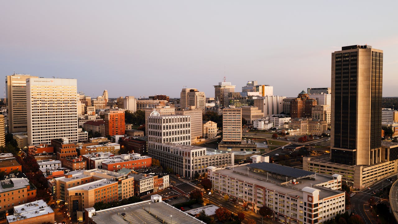Captivating aerial view of Richmond's downtown skyline during golden hour.